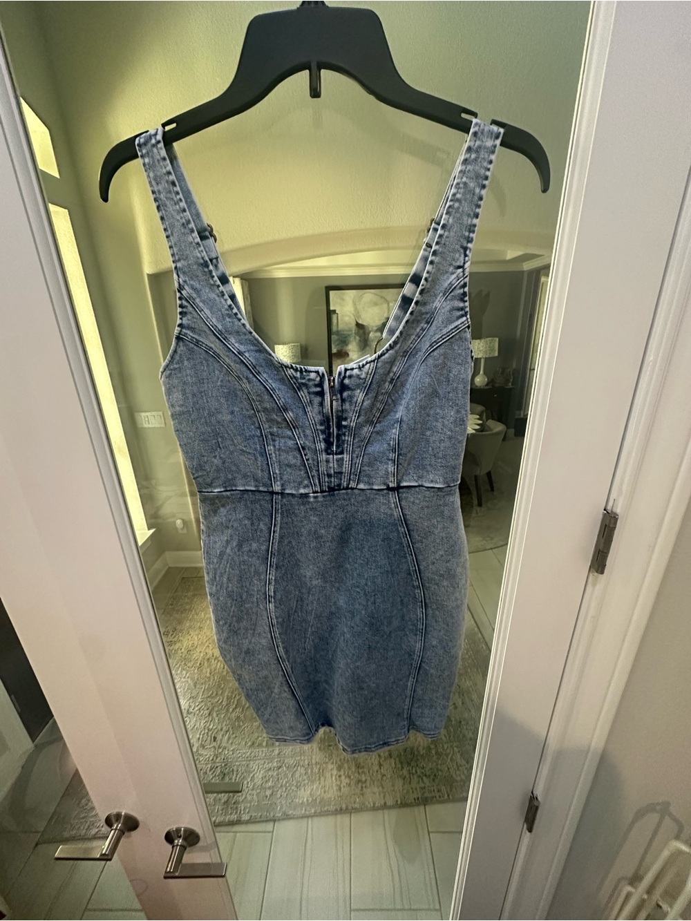 Selfie Leslie Denim Bodycon Mini Dress Medium Acid Wash Zip Front Corset